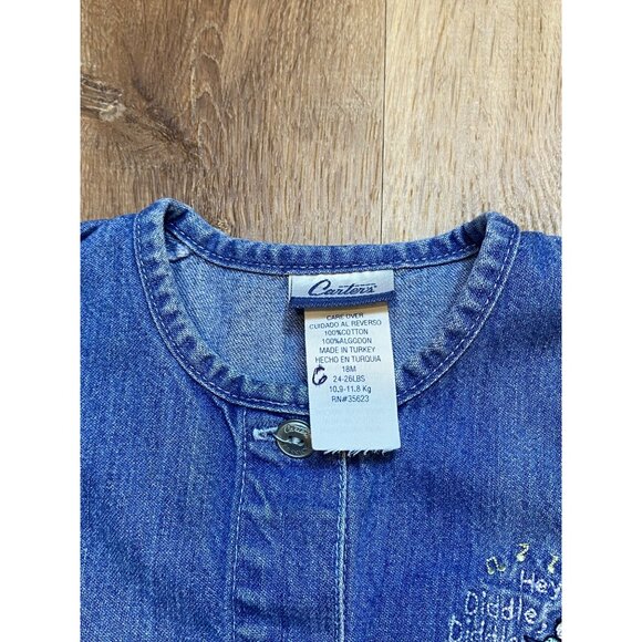 90s Carters Blue Denim Button-Up Dress W/ Hey Diddle Diddle Cat Embroidery 18 Mo - Picture 4 of 6